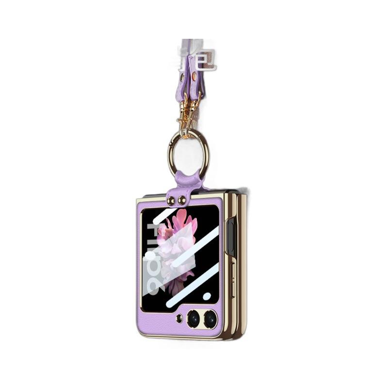 Applicable to Samsung Z flip1 mobile phone case, electroplated leather bracket, shoulder strap flip1 strap, anti-drop all-inclusive protective case.