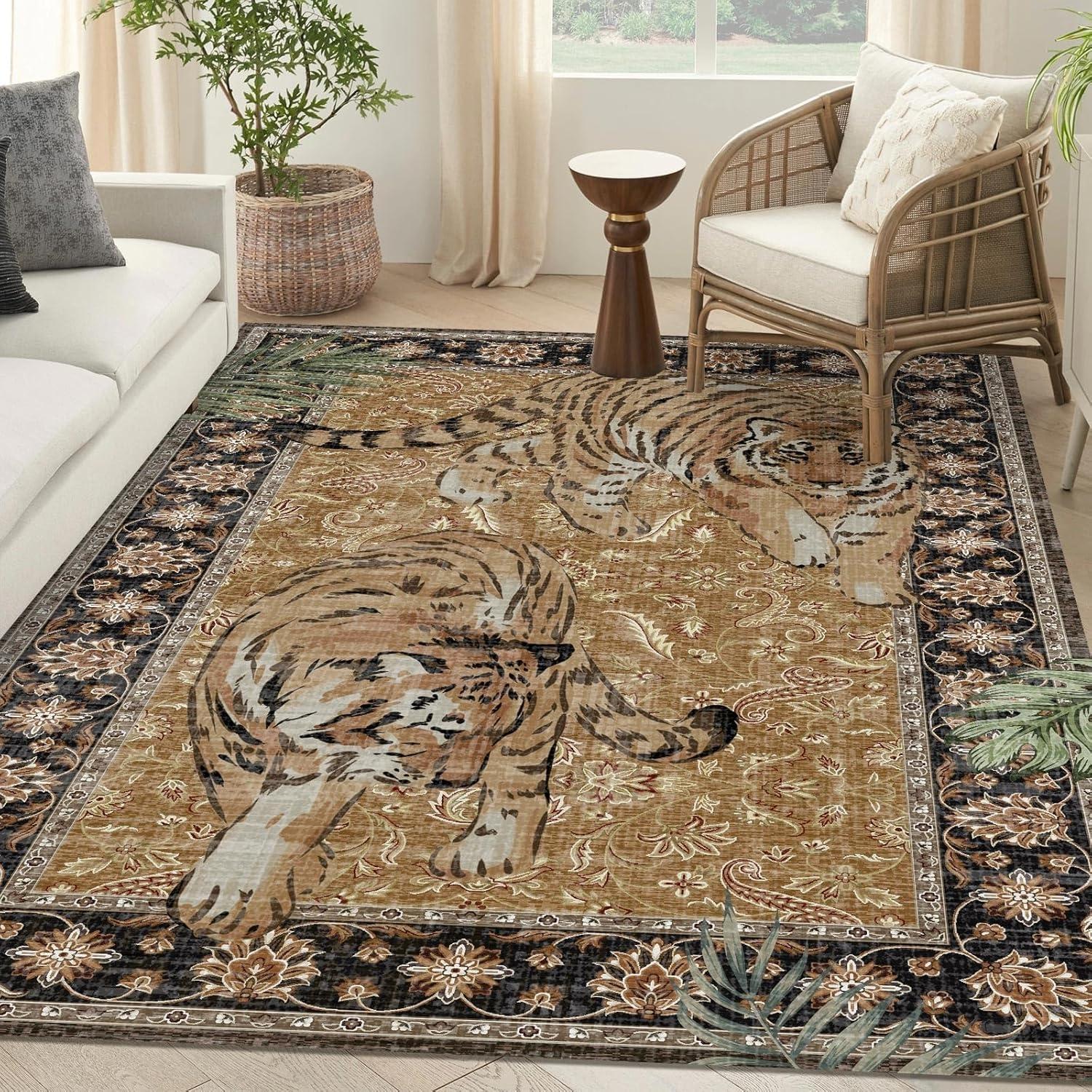 

Яскраво-рожевий килим з візерунком диких тварин-тигрів, килим з принтом тварин джунглів, нековзкий килимок для підлоги для вітальні, спальні, сучасний домашній декор 80x120cm