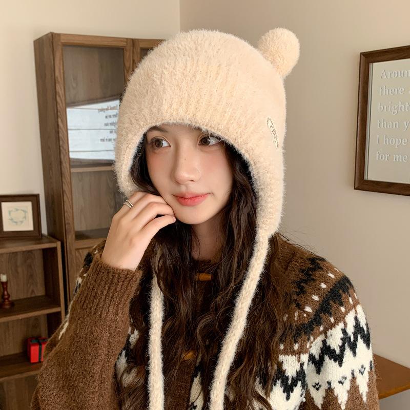Cute Bear Ear Knitted Plush Hat Autumn and Winter Warm Ear Protection Bag Head Hat Big Head Circumference Casual Windproof Hat Women