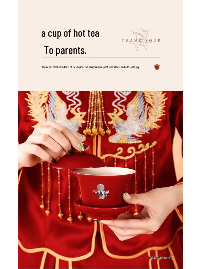 Wedding Tea Cup & Chopstick Set: Toasting Bowls and Red Dowry Supplies