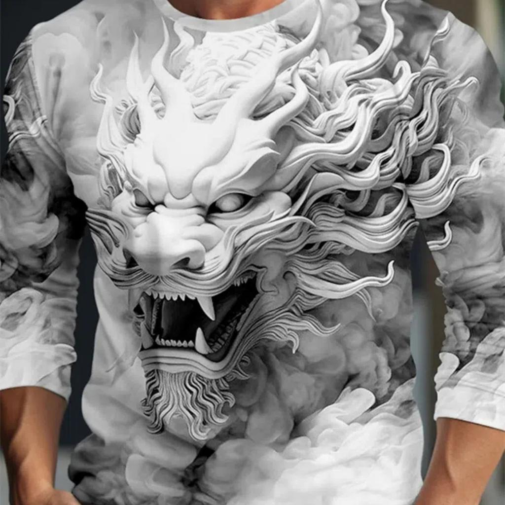 Frühling und Herbst Herren T-Shirt mit 3D-Digitaldruck und Drachenmuster, langärmelig, Rundhalsausschnitt, lässige Herren-T-Shirts, verwaschene Grafik-T-Shirts