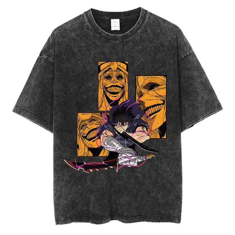 T-shirt Anime Giapponese Solo Leveling Stampa Vintage Lavato Harajuku Streetwear T-shirt Grafica T-shirt Estiva a Maniche Corte