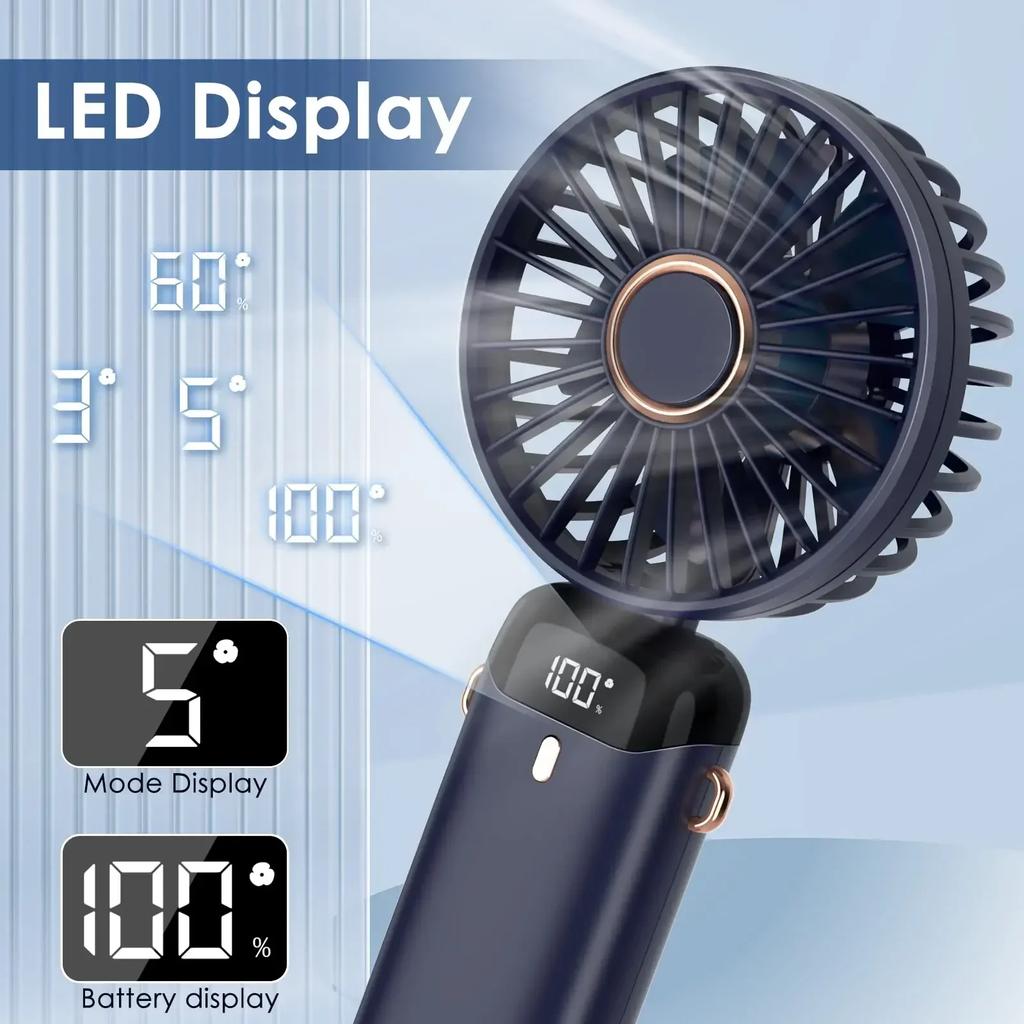 5000mAh Handheld Mini Fan Wireless USB Rechargeable Portable Digital Display Phone Holder Fan 5 Speed Foldable Neck Hanging Fans