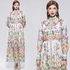 Robe de plage florale magnifique pour les vacances Printemps Été 2026 pour femmes Manches lanterne à col montant Boutonnage simple Ceintures Robe ample en mousseline