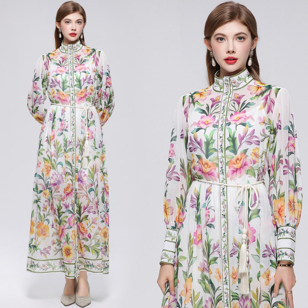 Robe de plage florale magnifique pour les vacances Printemps Été 2026 pour femmes Manches lanterne à col montant Boutonnage simple Ceintures Robe ample en mousseline