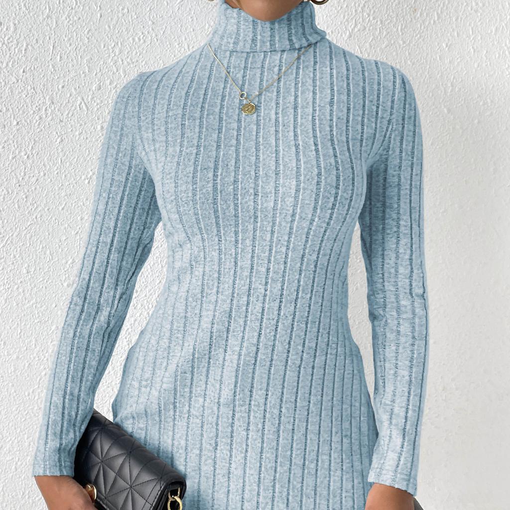 Women's High Neck Pullover Autumn Winter Slit Slim Fit Bottomed Shirt Pit Stripes Medium Length Sweaters