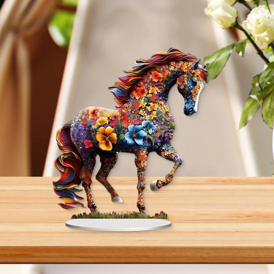 Colorful Flower Horse Acrylic Ornament with Base 2D Flat Horse Table Sign Holiday Party Home