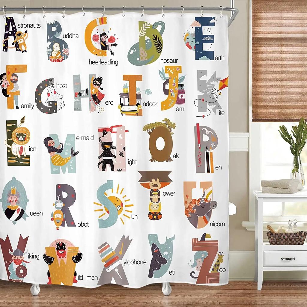 Kids Alphabet Shower Curtains For Bathroom Decor Abc Educational Learning Tool Baby Cartoon Animals Colorful Girls Boys Printed
