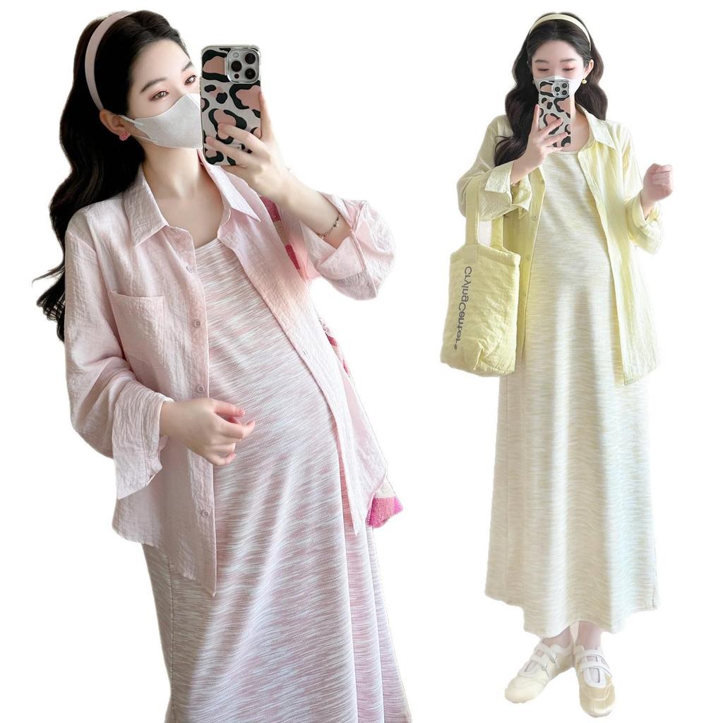 2026 Colorful Tie-Dye Vest Dress + Sun Protection Shirt for Pregnant Women, Slimming & Loose Ice-Cool Maternity Set