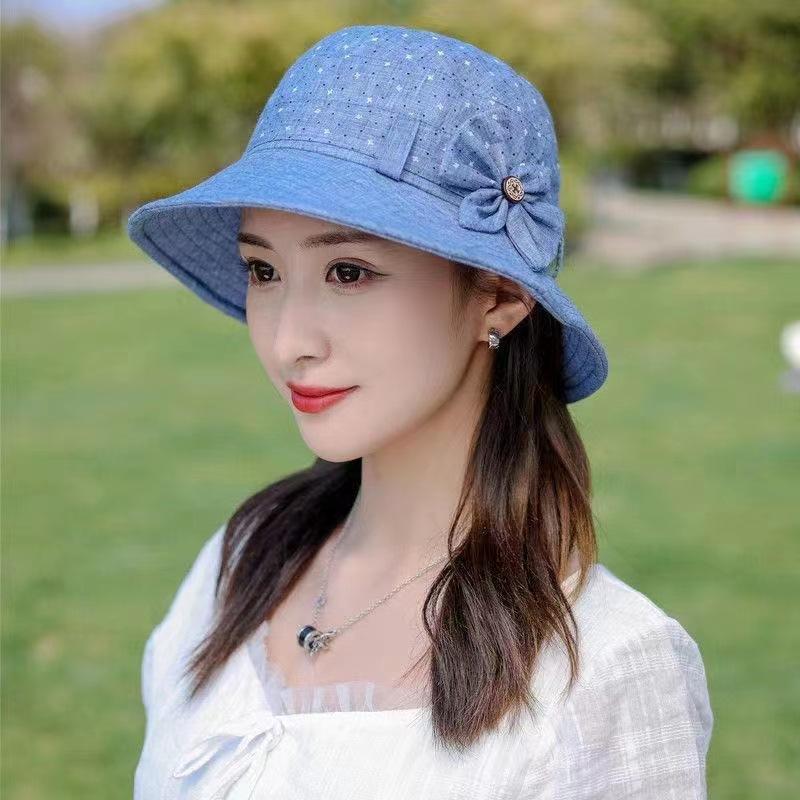 

Spring and summer hat women s basin hat button bow bucket hat versatile big brim sun hat M（56-58cm）