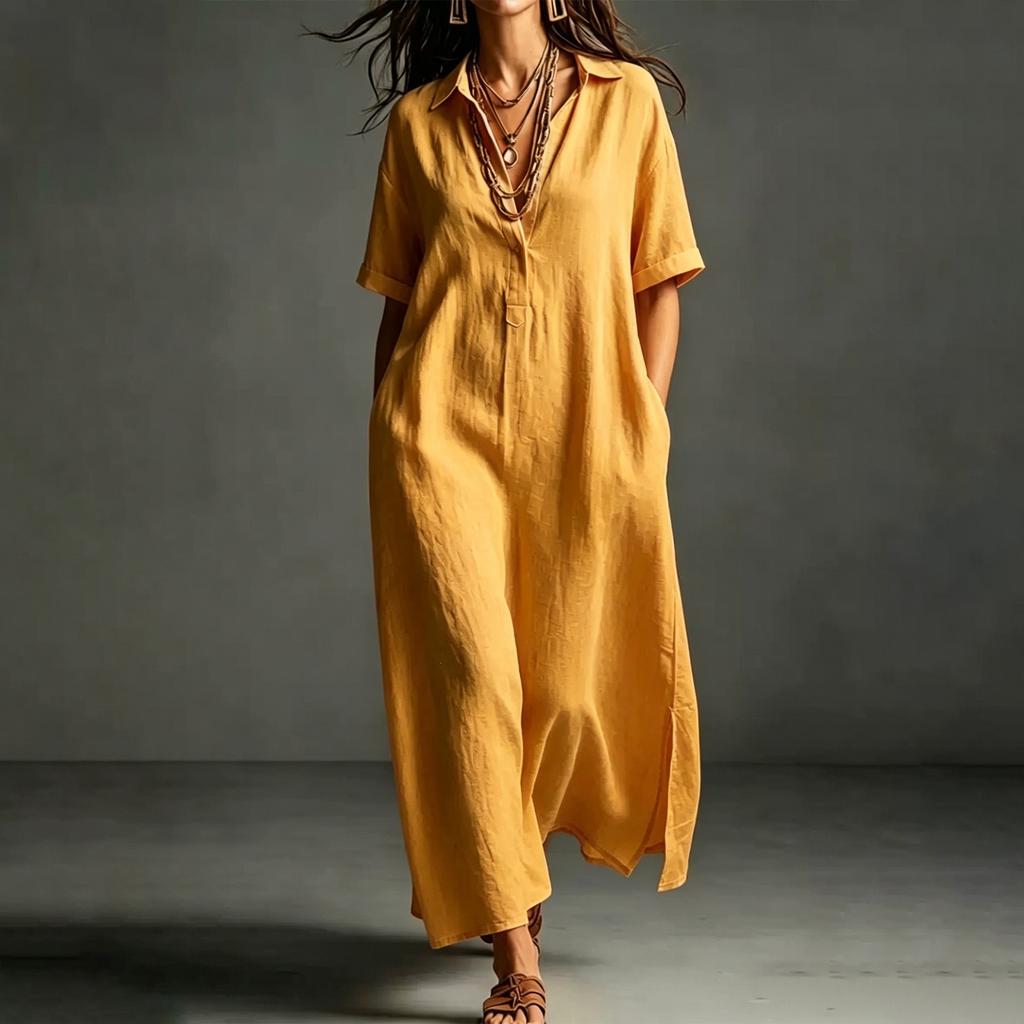 Womens Cotton Maxi Dress Short Sleeve Loose Fit Casual Shirt V Neck Button Long Kaftan Summer Beach Dress with Pockets