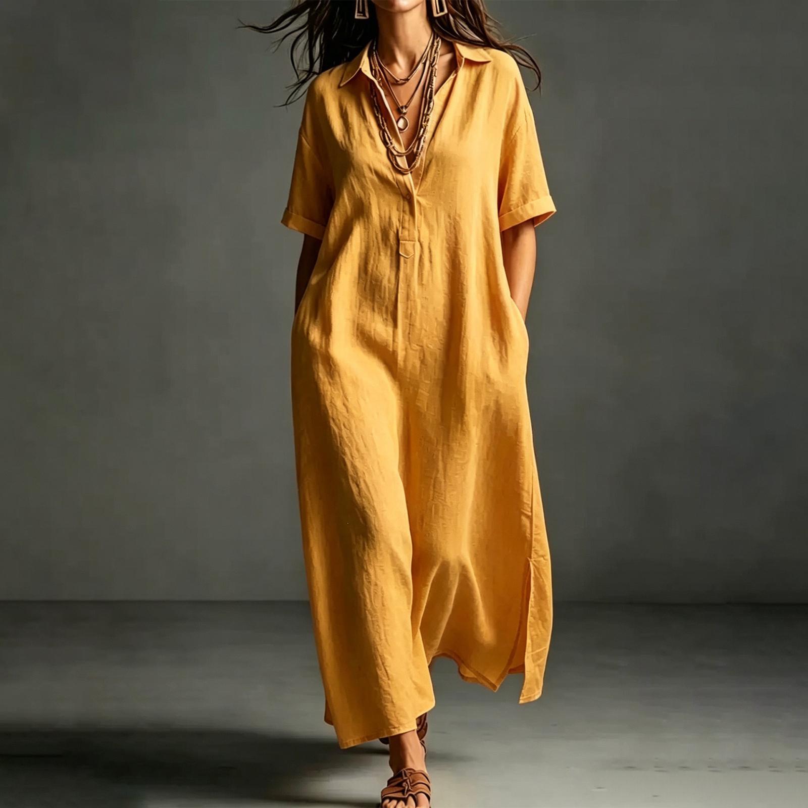 

Women Summer Casual Short Sleeve Dress Loose Fit Polo Collar Long Dress with Side Pockets Lightweight Comfortable L жовтий