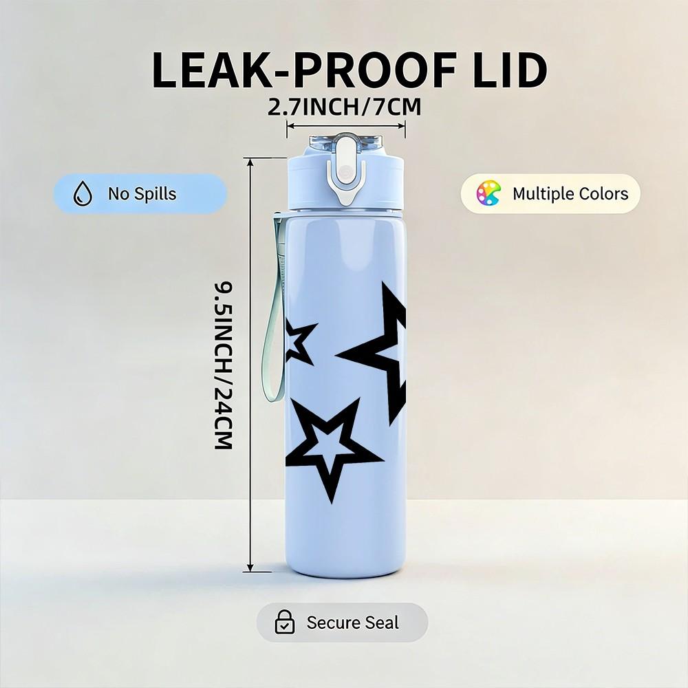 1PC Three Scattered Black Stars 750ml Color Plastic Sports Water Bottle Leakproof Flip Straw Lid Suitable for Sports Office Home Use