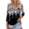 Damen Casual Shirt Bluse Print V-Ausschnitt Sexy Cold Shoulder 3/4 Ärmel Top
