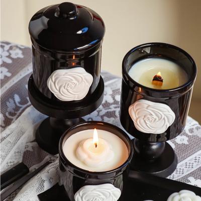 Französische Kamelie Schwarze Keramiktasse Aromatherapie Tasse Kaffeetassen Heimdekoration Kerze Holzhalter Haushaltsornamente