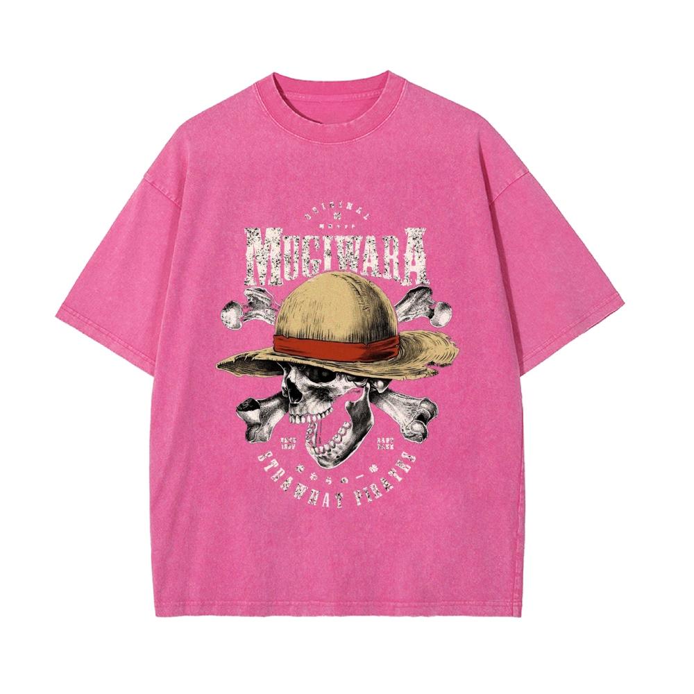 Mens Tshirt One Piece Anime Luffy Mugiwara Straw Hat Print Washed Cotton Casual Short Sleeve Tees Summer Streetwear Casual Top