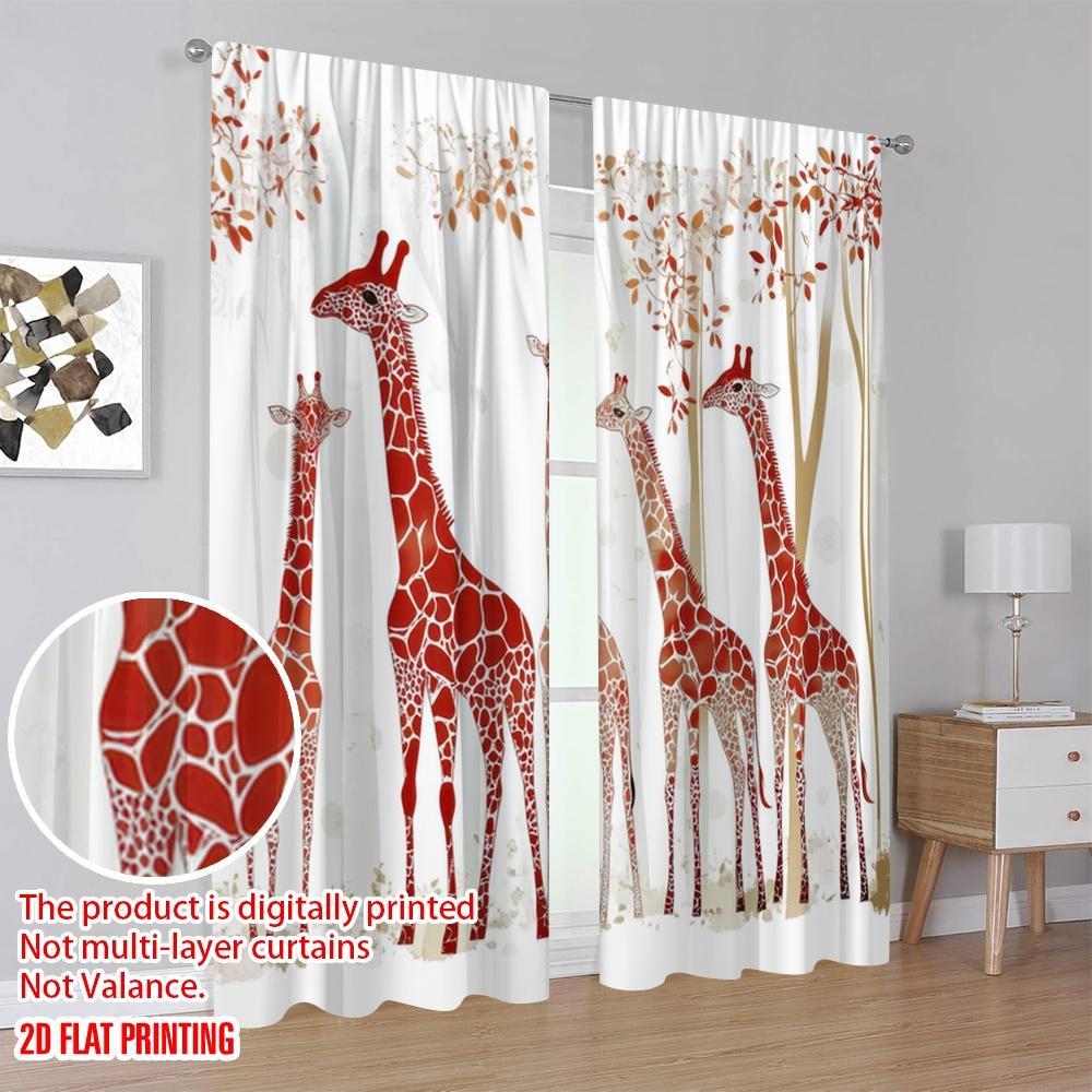 2pcs,2D Plane Printing Window Curtain Autumn Giraffes Versatile Fabric (without Rod) All Seasons Use for Living Room & Office
