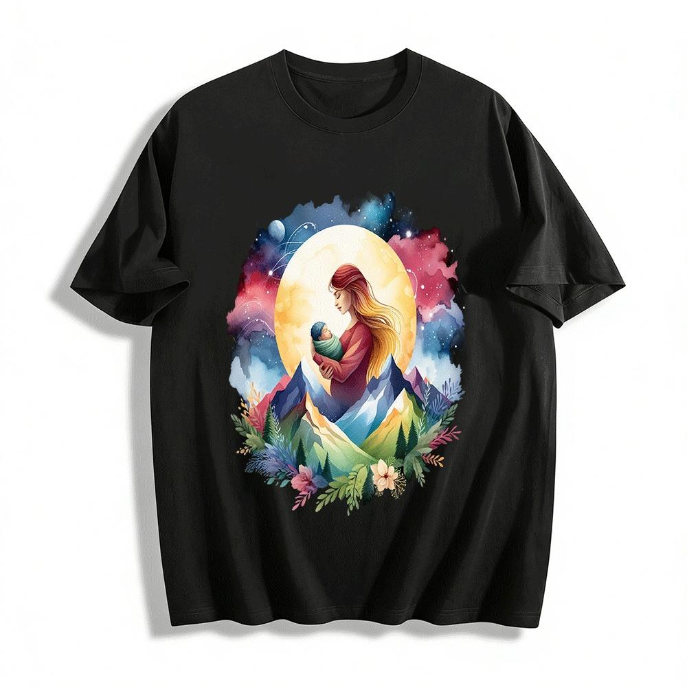 Moon Mountain Mother Baby Hug Art Print Casual Top Pure cotton T-shirt XXS