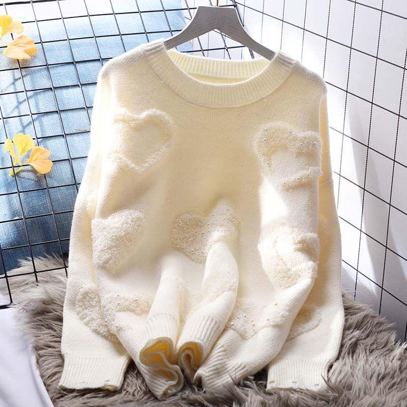 

Осень Зима Женский Стильный Вышитый Расшитый бисером Шикарный Толстый Вязаный Свитер Повседневный Красный Розовый Круглый Вырез Длинный Рукав Свободный Пуловер Топы XXXL белый