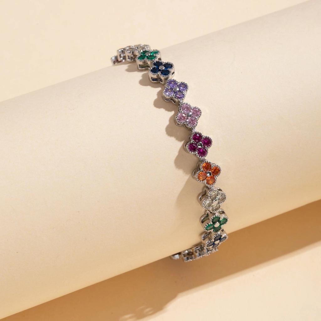 A Colorful Lucky Four-Leaf Flower Bracelet Inlaid With Zircon, Luxurious And High-End Small Fragrance , Versatile For Women