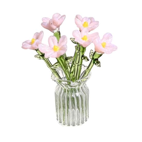 1 Set Glass Flower Bouquet with Vase Hand-Blown Mini Flower Decoration Home Living Room Handmade Simulation Floral Ornament with Stem
