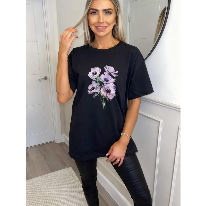 Oversized T Shirt Black Purple Flowers Print Casual Wear For Women Summer Outfit Street Style Fashion Top