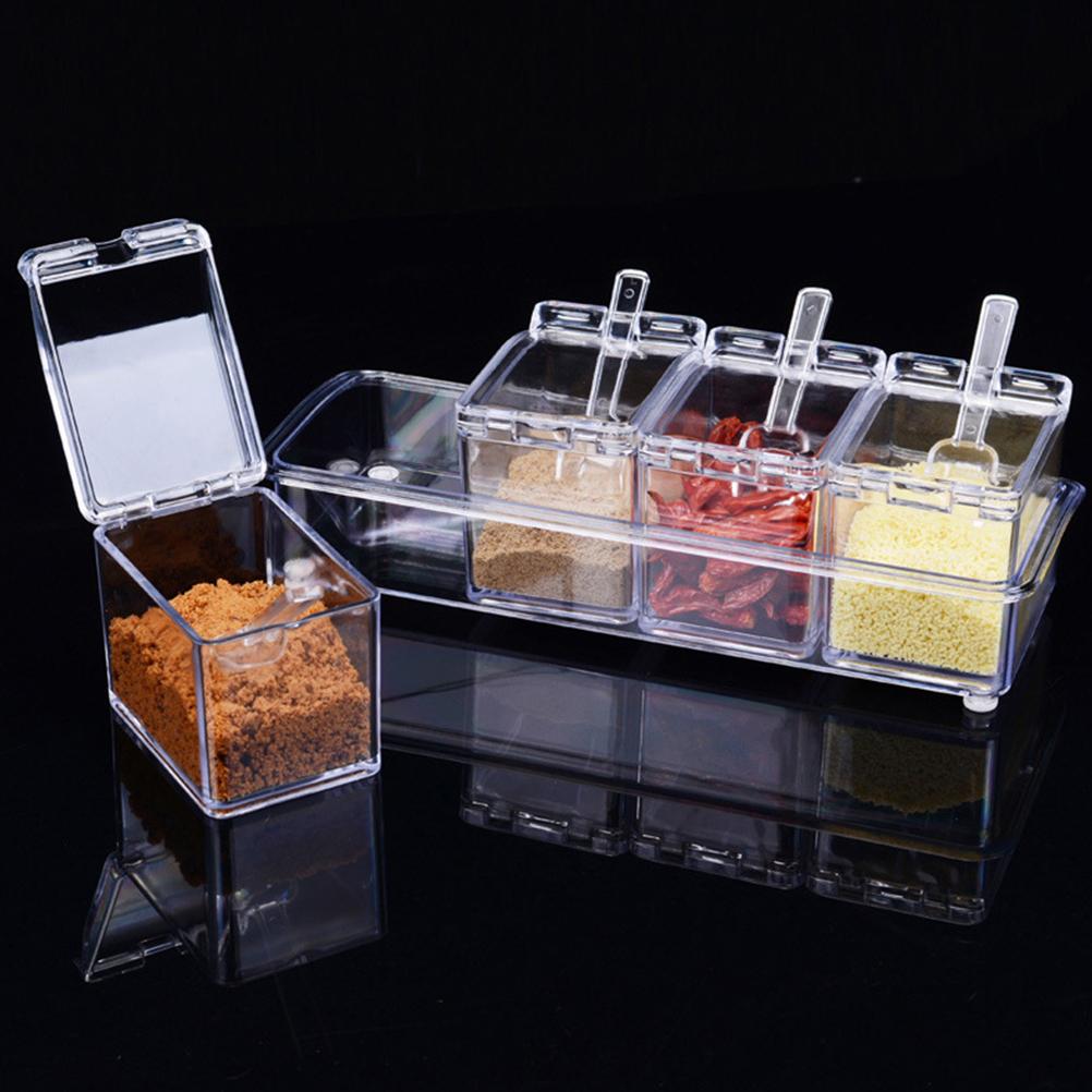 Four In One Waterproof and Moisture Proof Clear Seasoning Storage Container with Spoons