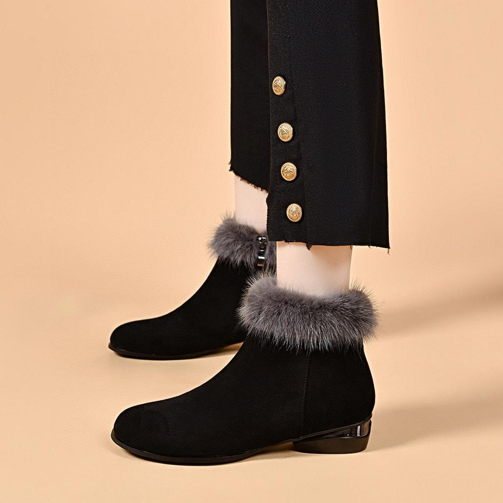 Short boots women's autumn and winter personalized fashion boots mink wool sheepskin black leather boots two height women's boots