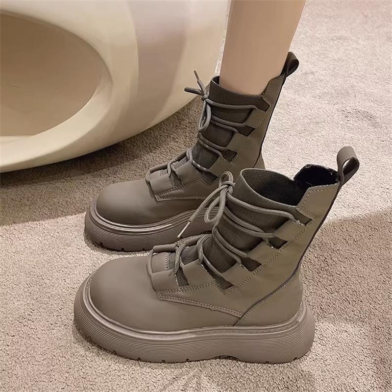 Fashion 2025  Women Boots Spring Autumn Students Casual Fashion Shoes Lace-up Cross-tied Solid Round Toe Square Heel Boots
