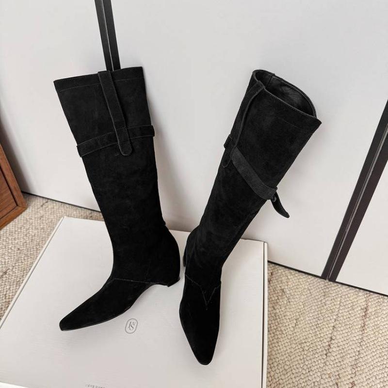 European and American new pointed Martin boots solid color leather large size women's boots sleeve autumn and winter large tube circumference cow