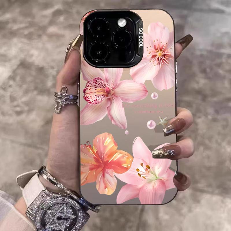 Lily Flower Print IMD Material Silvery Phone Case for iPhone 16 E 15 14 13 12 11 Pro Max XS XR X 7 8 15 16 Plus Shockproof Cover