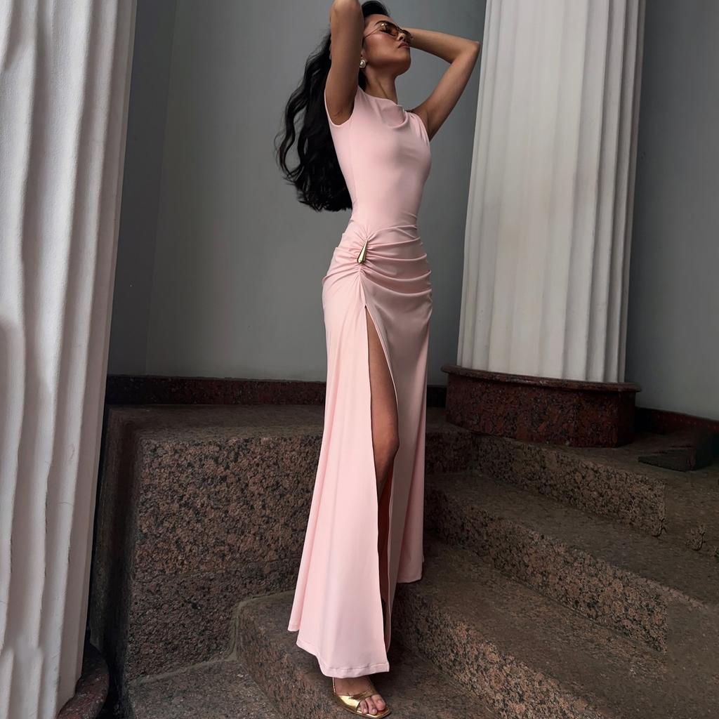 European and American Women's Clothing Summer New Fashionable and Sexy Split-ended Slim-fitting Metal Decorative Hip-wrapped Pleated Dress
