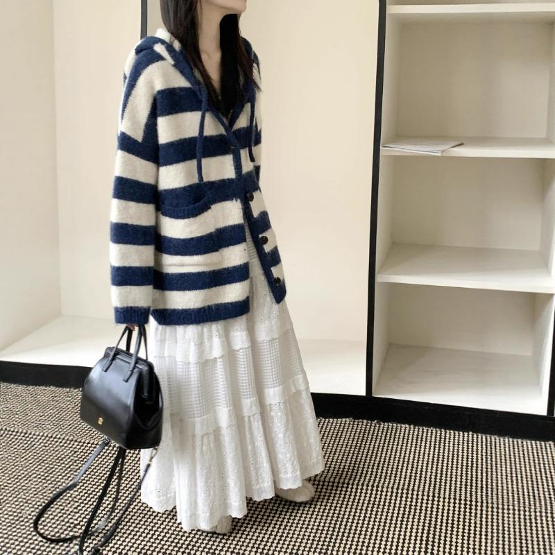 Hooded Striped Knitted Cardigan Women's Medium and Long Autumn and Winter New Alpaca Wool Pocket Sweater Jacket Women