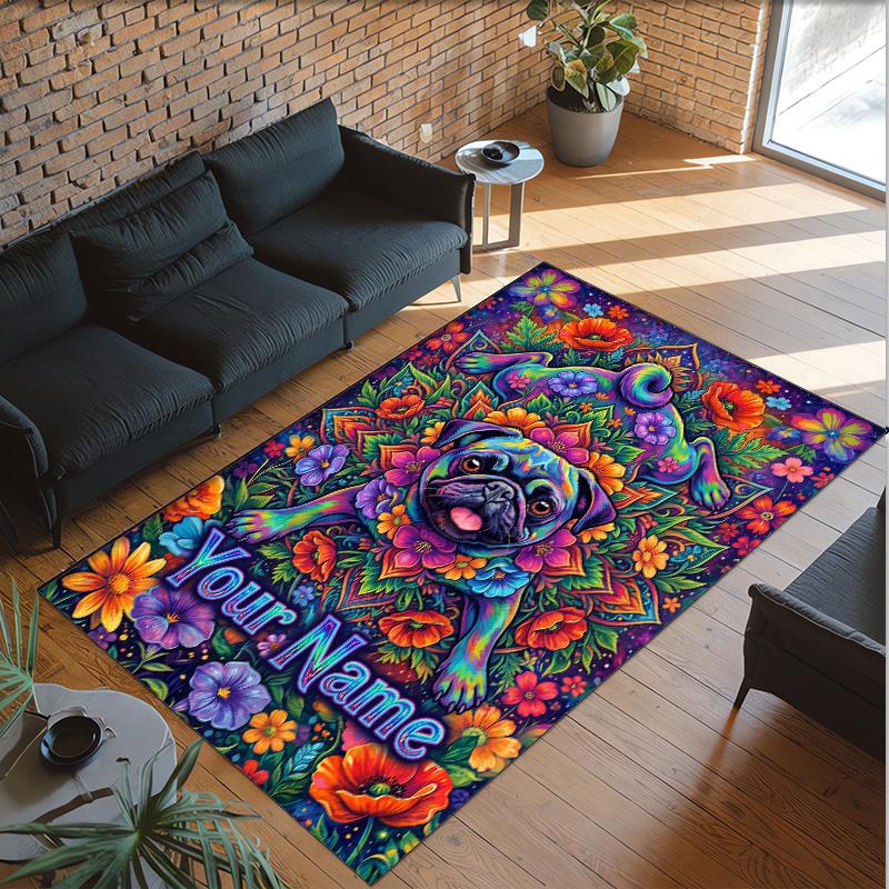 Pug Theme Crystal Velvet Floor Rug Personalized Custom Name Text Warm Carpet Home Decoration