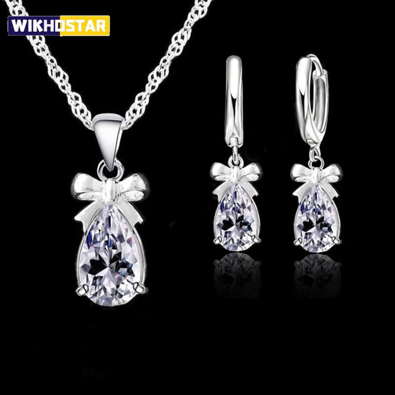 New Gift Set Real 925 Sterling Silver Color with White Stone Cubic Zirconia Dangle Earring Pendant Necklace Woman Jewelry Set