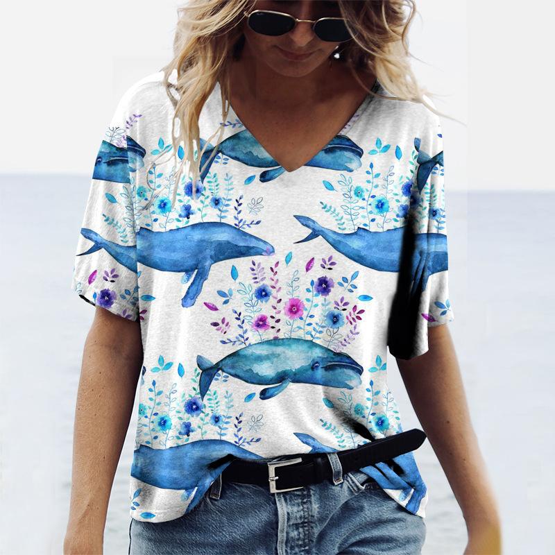 Summer V-neck 3D Ocean Printed Top Fashionable Casual Short Sleeved Women's T-shirts