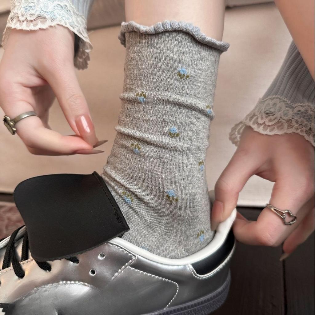 Spring Children's Sock - Seamless Woven Floral Mesh Breathable Mid-high Ankle Cotton Socks with Bubble Cuffs and Pile Up Design
