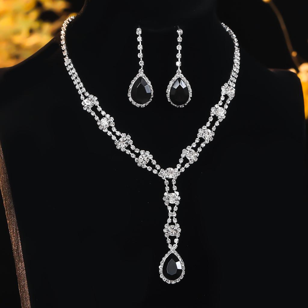Black, Blue, Red and White High-level Sense of Super-flash Full of Diamonds Droplets Necklace Earrings Two-piece Bridal Jewelry Set
