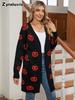 Neuer Damenpullover Lässig Halloween Kürbiskopf Gesteppt Langer Cardigan Strick Offener Schal