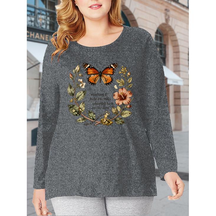 Plus-size women's clothing with vintage floral and butterfly prints T Shirt - Round-neck long-sleeve casual style for spring, summer, and