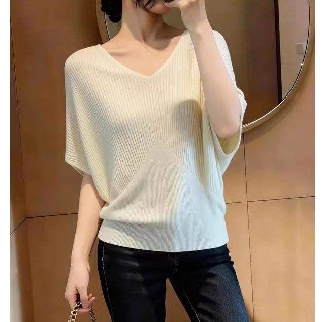 Women's Plus Size Summer Ice Silk Batwing Sleeve Knit T-Shirt - Slim Fit and Solid Color