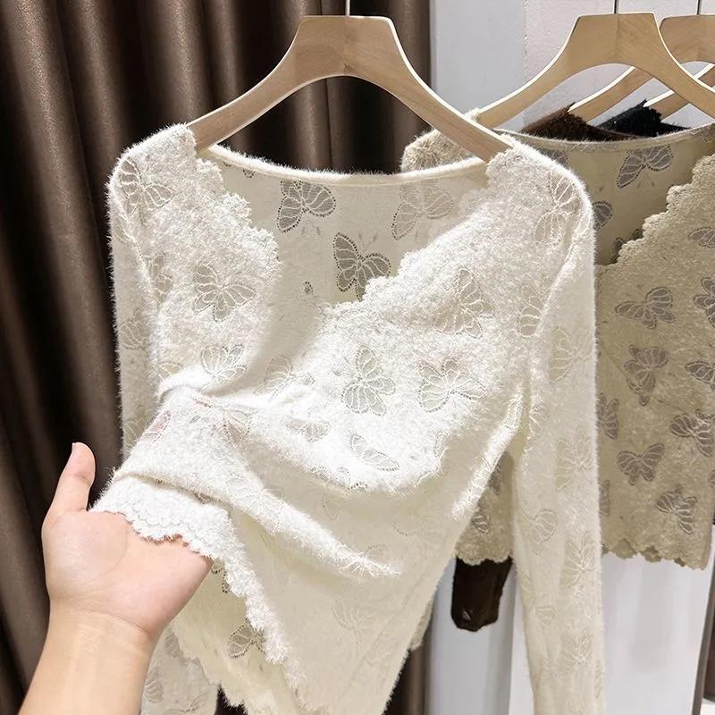 Brushed Lace Long-sleeved Bottoming Women's Autumn and Winter New V-neck High-end Soft Waxy Slim Inner T-shirt Top