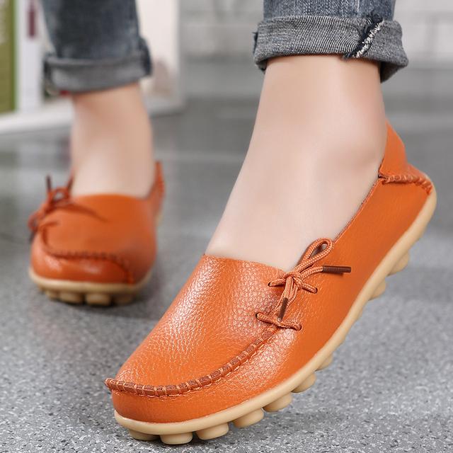 New Moccasins Women Flats  Autumn Woman Loafers Genuine Leather Female Shoes Slip On Ballet Bowtie Women 'S Shoes Big Size