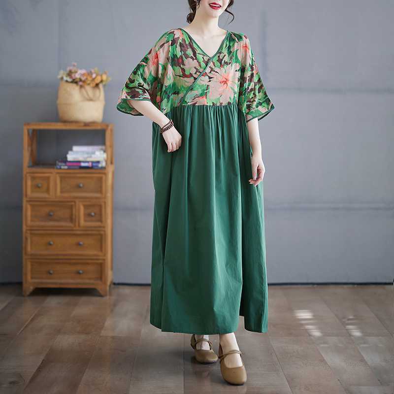 Cotton and Linen Summer Patchwork Retro Style Dress Long Skirt