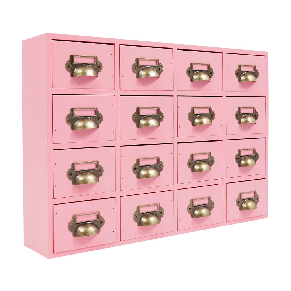16-Compartment Drawer Storage Cabinet – Vintage Pink Solid Wood Desktop Organizer – 22 lbs Load Capacity