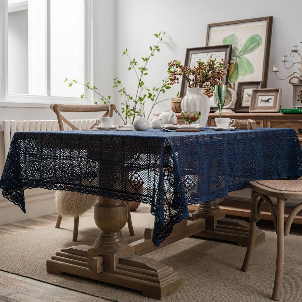 Crochet Lace Tablecloth with Tassels – Elegant Diamond Plaid Design, Cream Floral Patterns, Perfect for Weddings, Family Banquets Everyday Dining Room