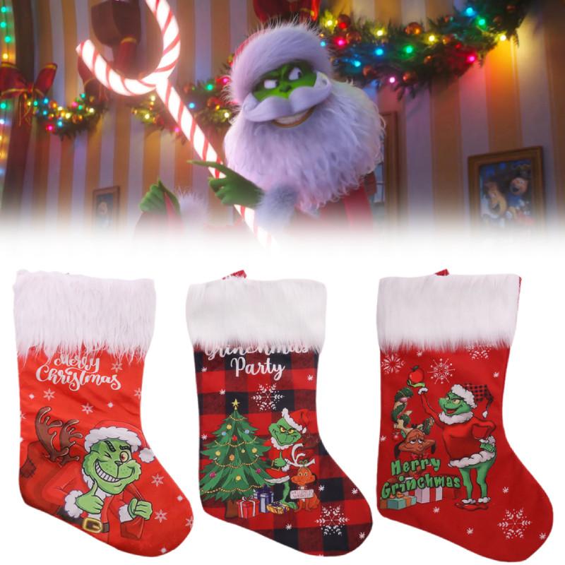 Plush Grinch Christmas Stocking Cozy Gift Bag For Kids Holiday Candy Holder