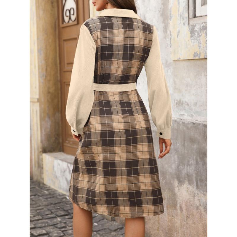 YYFS Damenmode Frühling Herbst Plaid Print Langarm POLO Hals Hohe Taille Freizeitkleider