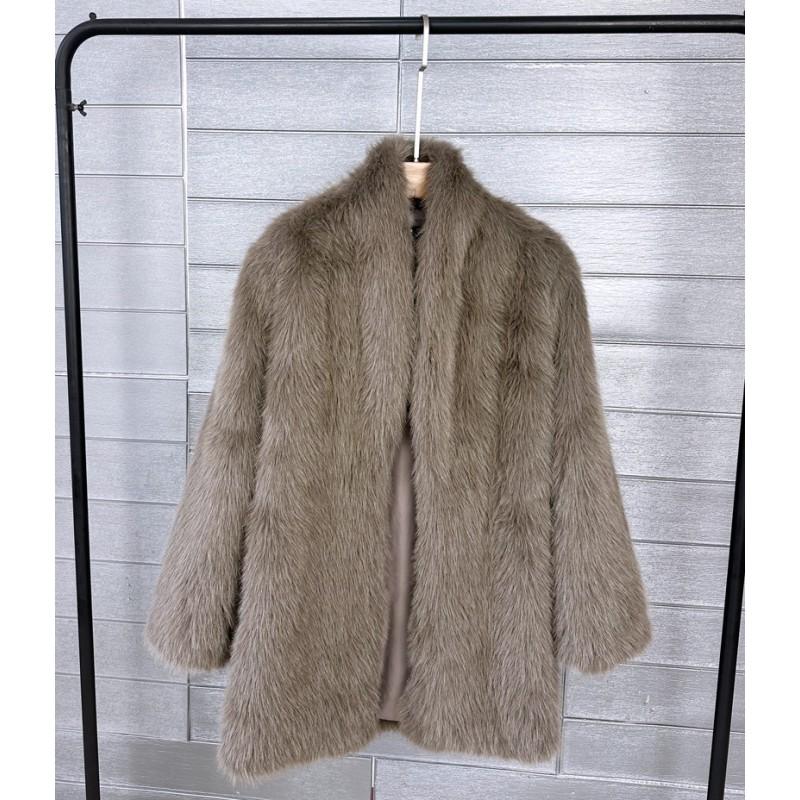 Faux Fur Mid-Length Coat Women Casual Street Style Turn-Down Collar Long Sleeve S-M-L Sizes Beige Khaki Red