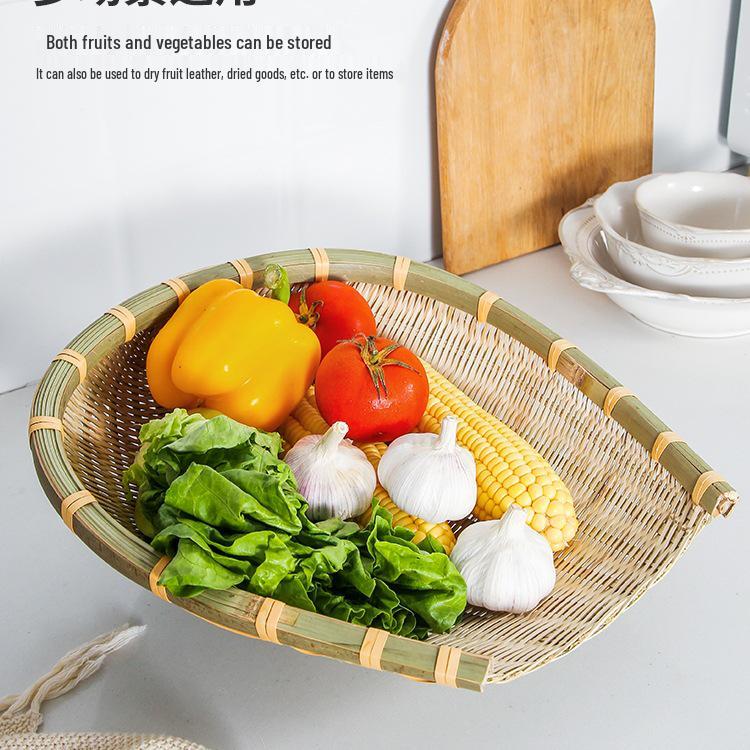 Bamboo Woven Kitchen Basket Set: Winnowing Basket, Fruit Basket, Snack Plate, Steamed Bun Mold, Sieve, Vegetable Washing Basket.